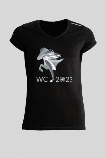 T-Shirt "WM2023", V-neck, schwarz